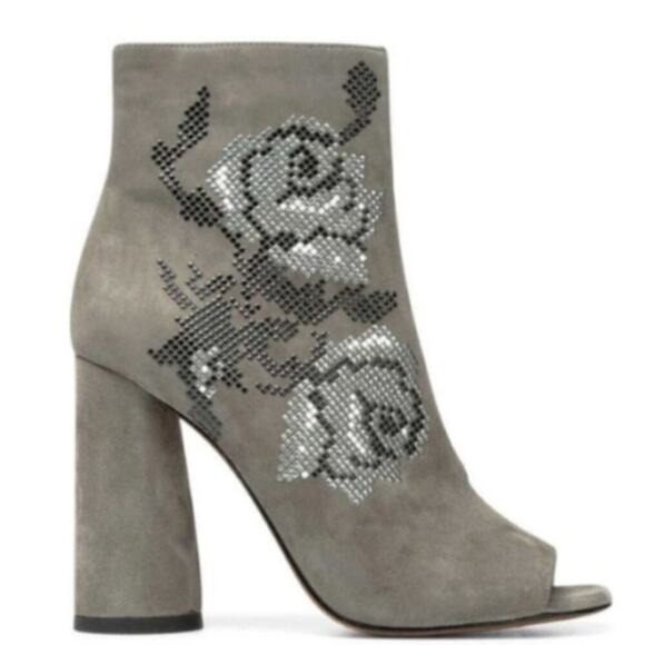 Donald Pliner Floral Embellished Peep Toe Suede Booties Grey Size 9.5 - Picture 1 of 9